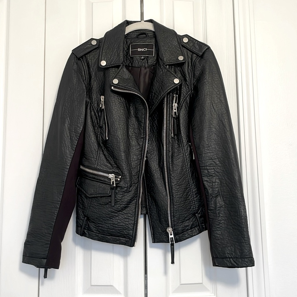BNCI Faux Leather Jacket in Black & Silver - Size: S